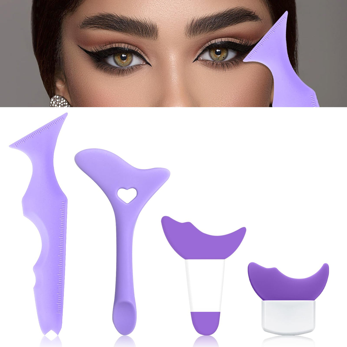Jutqut 4Pcs Eyeliner Stencils Kit for Women - Reusable Silicone Eye Aid Makeup Tool for Perfect Winged Liner Cat Eyes Eyeshadow & Lipstick Application Ideal for Beginners & Professionals (Purple)