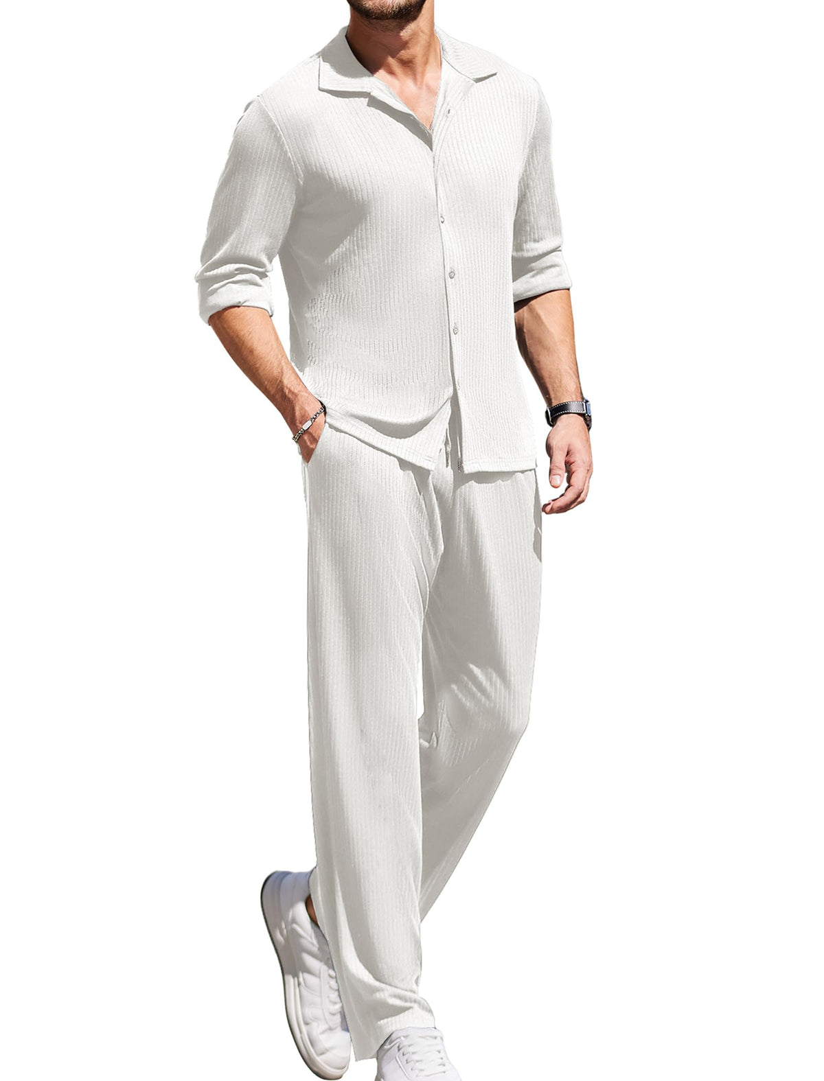 COOFANDY Men's 2 Piece Outfit Sets Long Sleeve Cuban Shirts Casual Drawstring Pant Sets