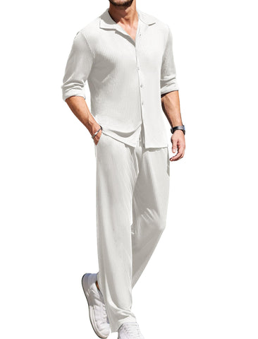 COOFANDY Men's 2 Piece Outfit Sets Long Sleeve Cuban Shirts Casual Drawstring Pant Sets
