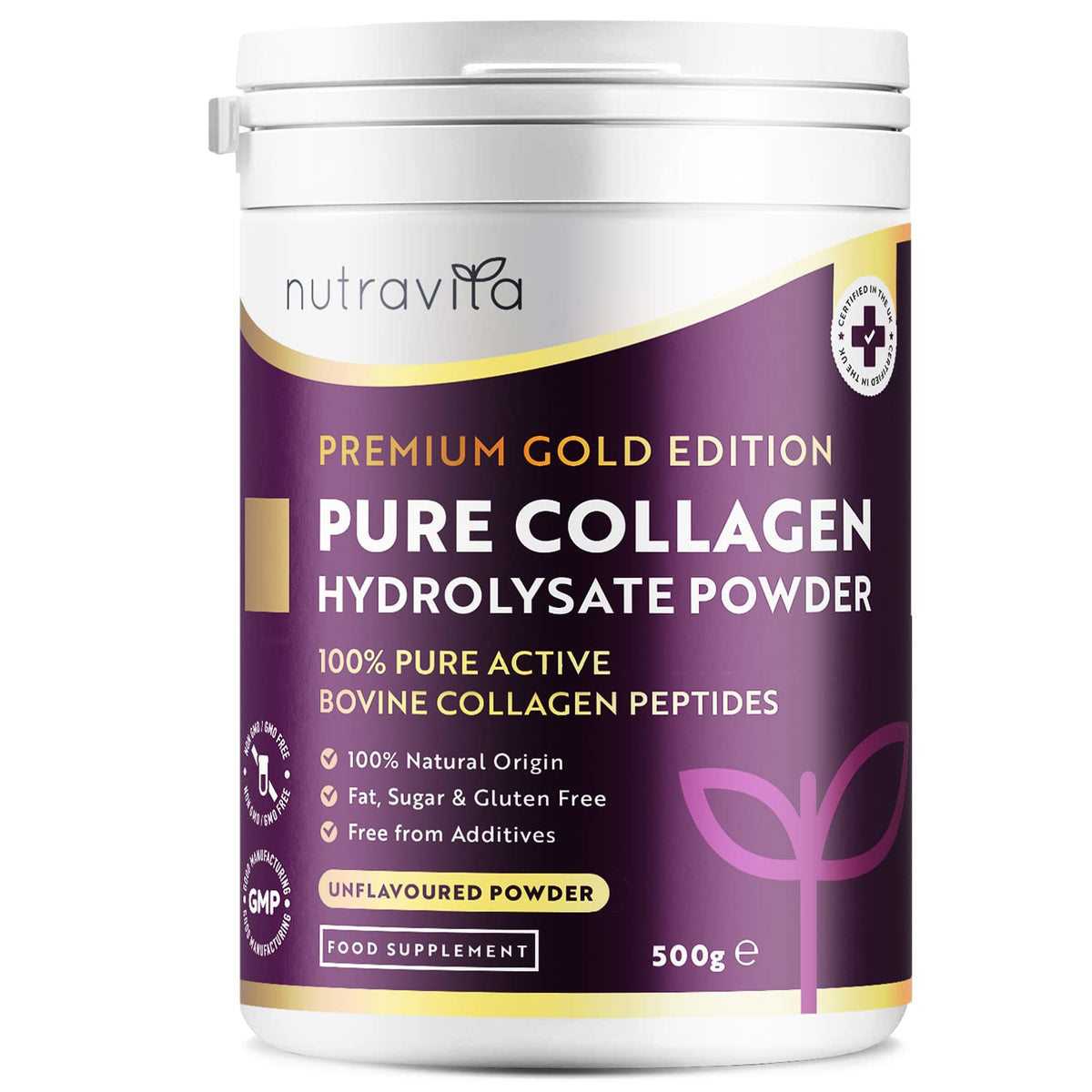 Collagen Powder 500g - Premium Gold Standard Bovine- 50 Servings - Collagen Peptides Supplement with 8 Essential Amino Acids - Made in The UK by Nutravita
