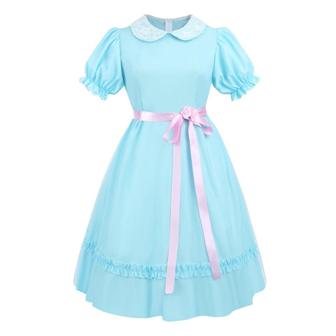LTAKK Women Grady Twins Costume Creepy Doll Twins Dresses Adult Scary Halloween Cosplay Blue Chiffon #A, XL