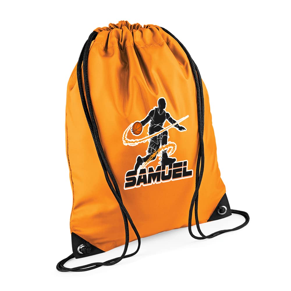 Personalised Basketball Player ANY NAME Sports Lover Gift for Men, Boy, Friend, Birthday present Drawstring Bag, PE Gym Kit Swimming, Sport Rucksack. (Orange)