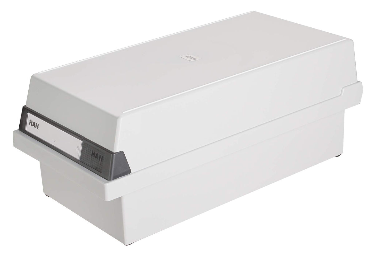 HAN 956-11, Card filing box A6 landscape. Innovative, attractive design holds 1,300 cards, readjustable lid supplied with large inscription label, light-grey