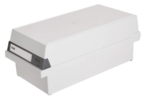 HAN 956-11, Card filing box A6 landscape. Innovative, attractive design holds 1,300 cards, readjustable lid supplied with large inscription label, light-grey