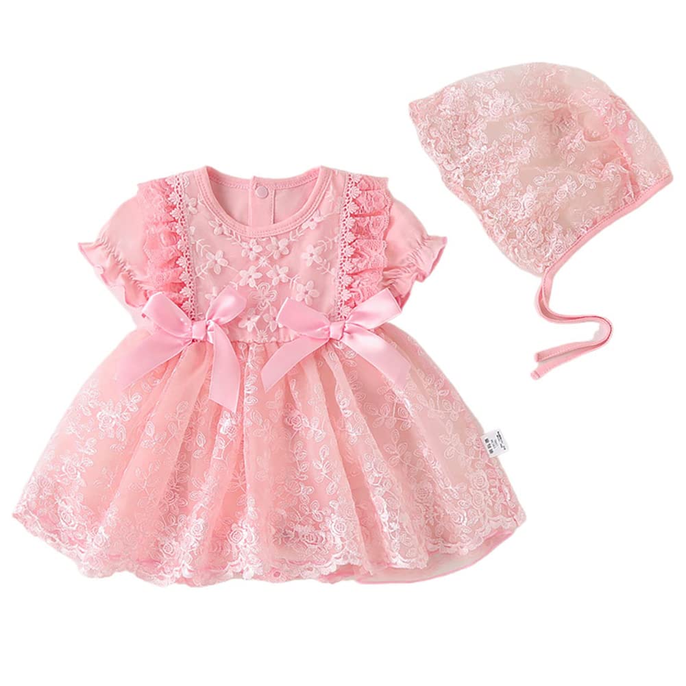 Newborn Infant Baby Girl Fall Winter Dress Toddler Easter Birthday Outfits Long Sleeve Christening Baptism Tulle Tutu Dresses with Bonnet Flower Girl Wedding Prom Dress Pink Bow 9-12 Months
