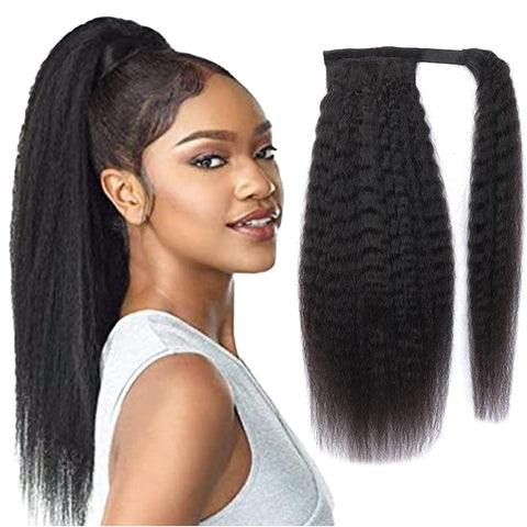 Kinky Straight Ponytail Human Hair with Wrap Around Magic Tape, Brazilian Hair Clip in Extensions Wavy Yaki Pony Tail Color Natrual Black (14", 1B, Kinky Straight, Wrap Around)