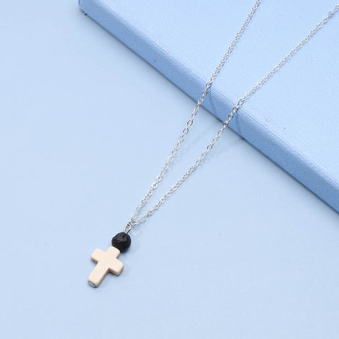 Yheakne Boho Cross Pendant Necklace Black Lava Bead Choker Necklace Silver Chain Necklace Minimalist Everyday Necklace Jewelry for Women and Girls