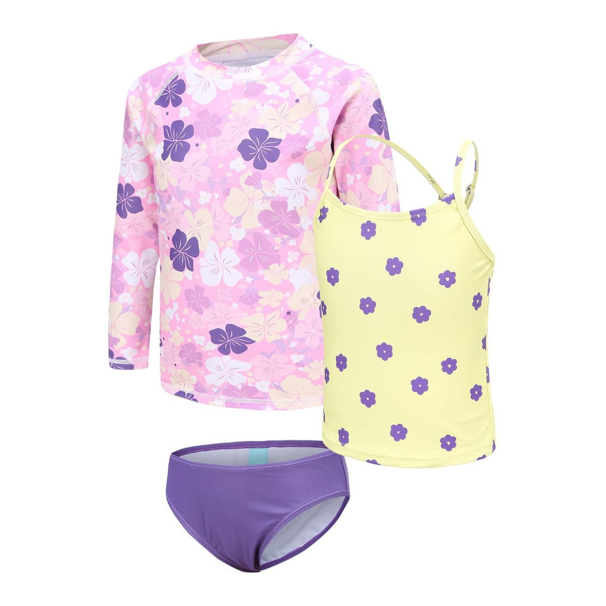 Girls 3 Piece Swimming Costume Kids Girls Swimsuit Set Hawaiian Rash Guard Swim Set Girls Tankini Age 9-10 Years