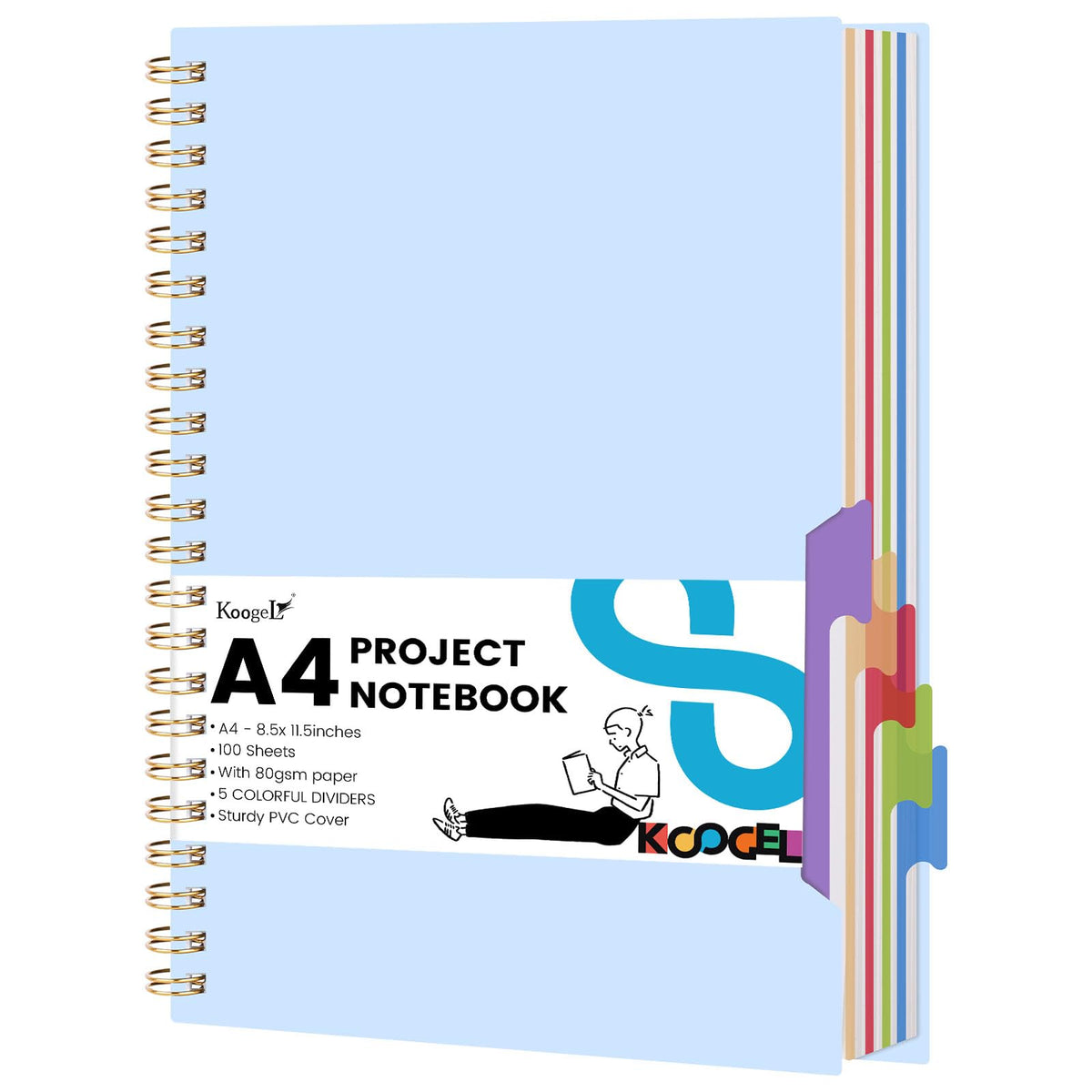 Koogel Notebook with Dividers?A4 Spiral Notebook with Tabs Journals for Women with 200 Pages 5 Subject Notebook for Work, Back to School, Gifts, Blue