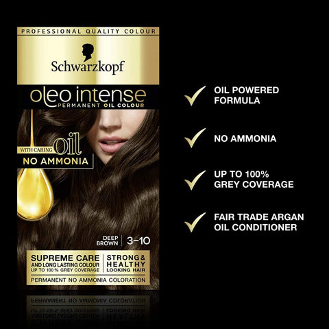 Schwarzkopf Oleo Intense Permanent Brown Hair Dye, Oil Enriched, Ammonia Free, Up to 100 Percent Grey Coverage, Deep Brown 3-10