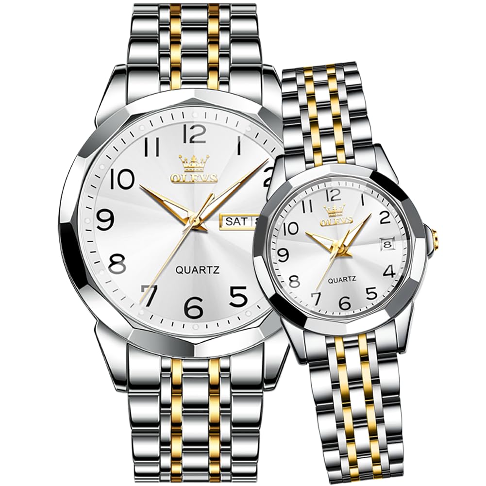 OLEVS Couple Watches Men and Womens, His and Her Set Watches Two Tone Analog Quartz Men and Women Watches Day Date Stainless Steel Waterproof Wrist Watch with Arabic Numbers Matching His and Her Watch