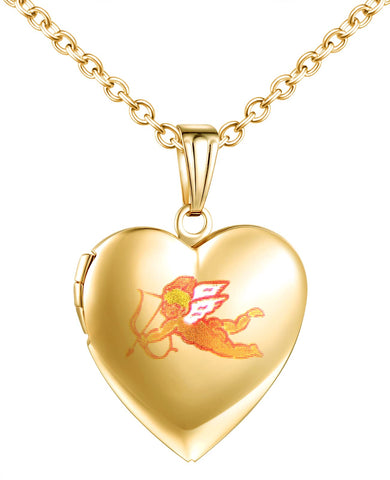 MicLee Women's Necklace Photo Cupid Heart Locket Photo Pictures Amulet Silver Stainless Steel Pendant Necklace with Gift Box Greeting Card Great Gift for Couple Mother Daughter, Stainless Steel