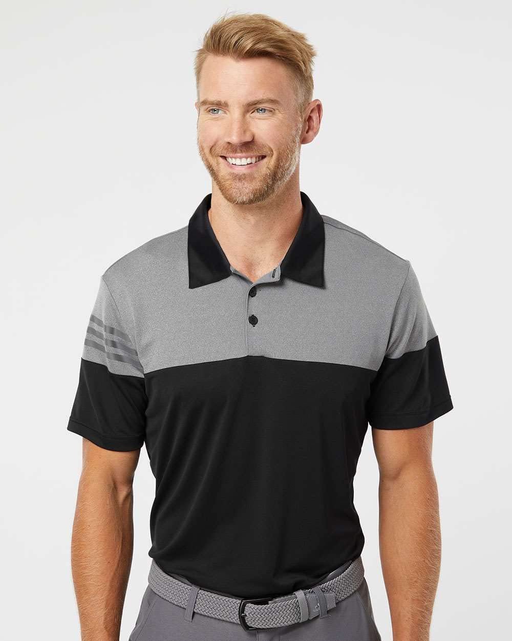 adidas Golf Mens Heather 3-Stripes Block Sport Shirt (A213) -Black/Grey -L