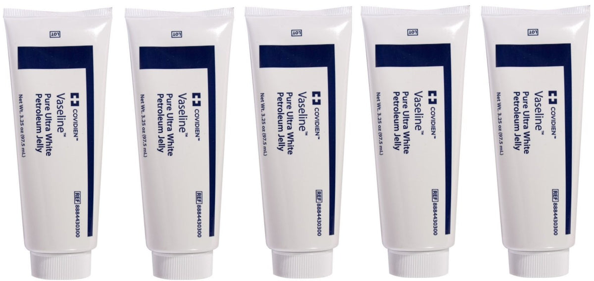 5 Pack Medical Grade Vaseline Pure Ultra White Petroleum Jelly, 3.25 oz (97.5 mL) Tubes ONLY by Kendall/Covidien