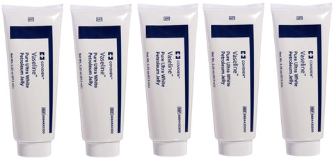 5 Pack Medical Grade Vaseline Pure Ultra White Petroleum Jelly, 3.25 oz (97.5 mL) Tubes ONLY by Kendall/Covidien