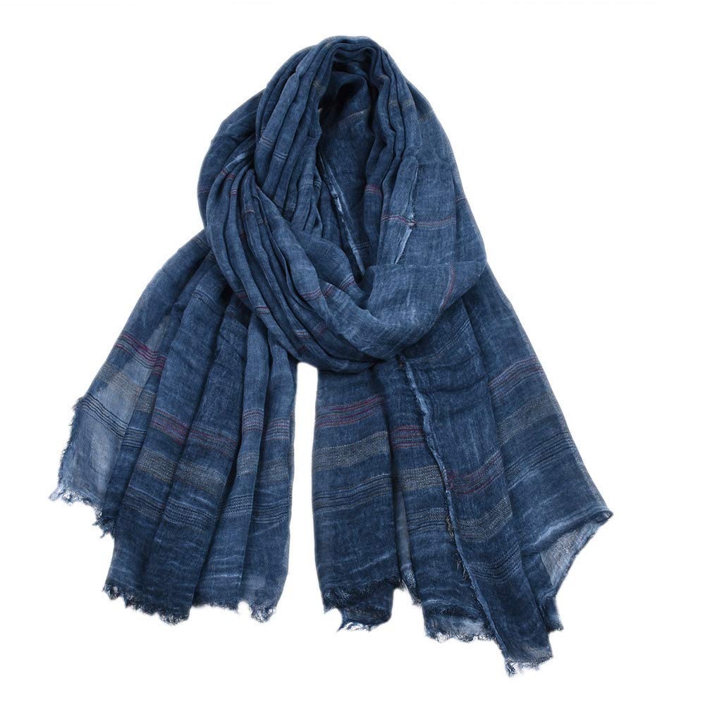 Kangqifen Unisex Striped Soft Scarf Cotton Linen Lightweight Large Scarves 75 x 35 inches - blue - One size