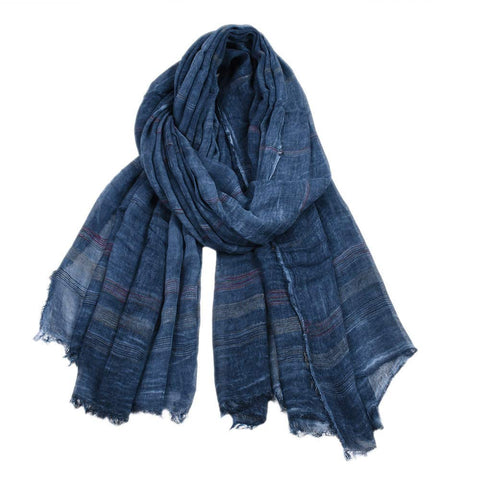 Kangqifen Unisex Striped Soft Scarf Cotton Linen Lightweight Large Scarves 75 x 35 inches - blue - One size