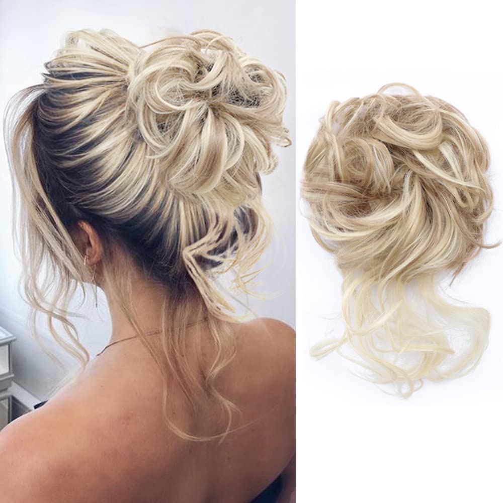 KETHBE Messy Bun Hair Piece Tousled Updo Hair Buns Extension Elastic Hair Band Hair Pieces Curly Hair Bun Scrunchie For Women (Highlights Blonde)