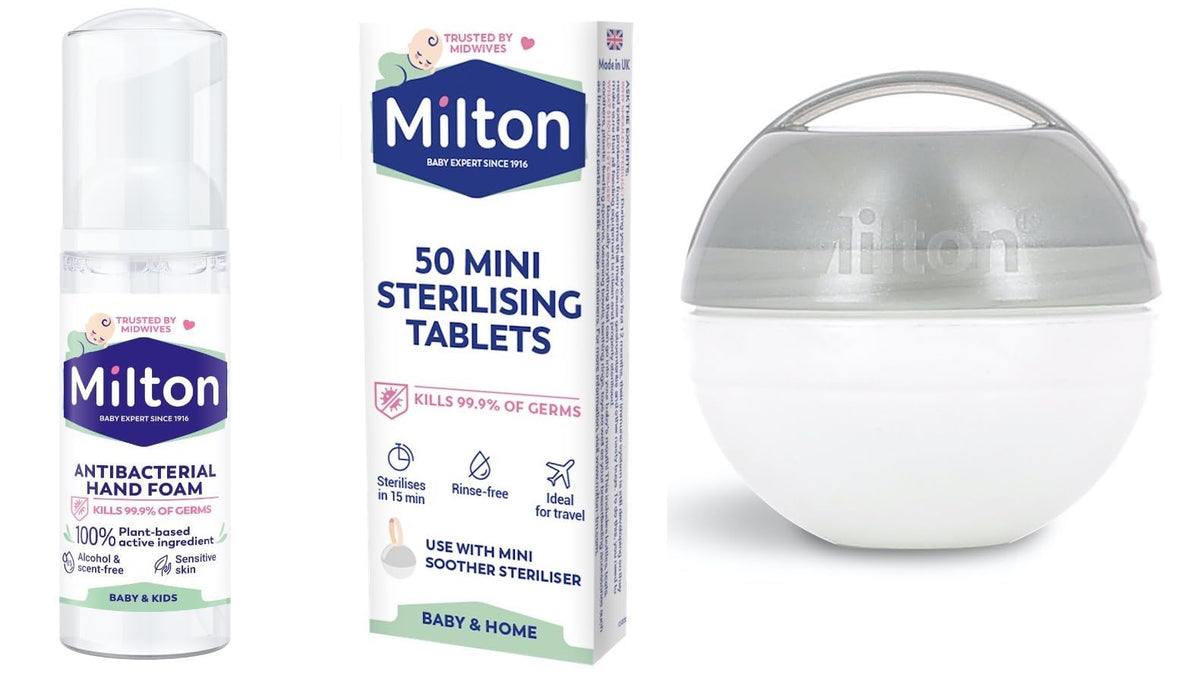 Milton Mini Soother Dummy Grey Travel Steriliser, 50 Mini Sterilising Tablets & 50 ml Hand Sanitiser. Out & About Bundle