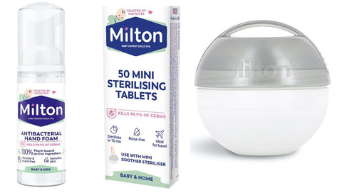 Milton Mini Soother Dummy Grey Travel Steriliser, 50 Mini Sterilising Tablets & 50 ml Hand Sanitiser. Out & About Bundle