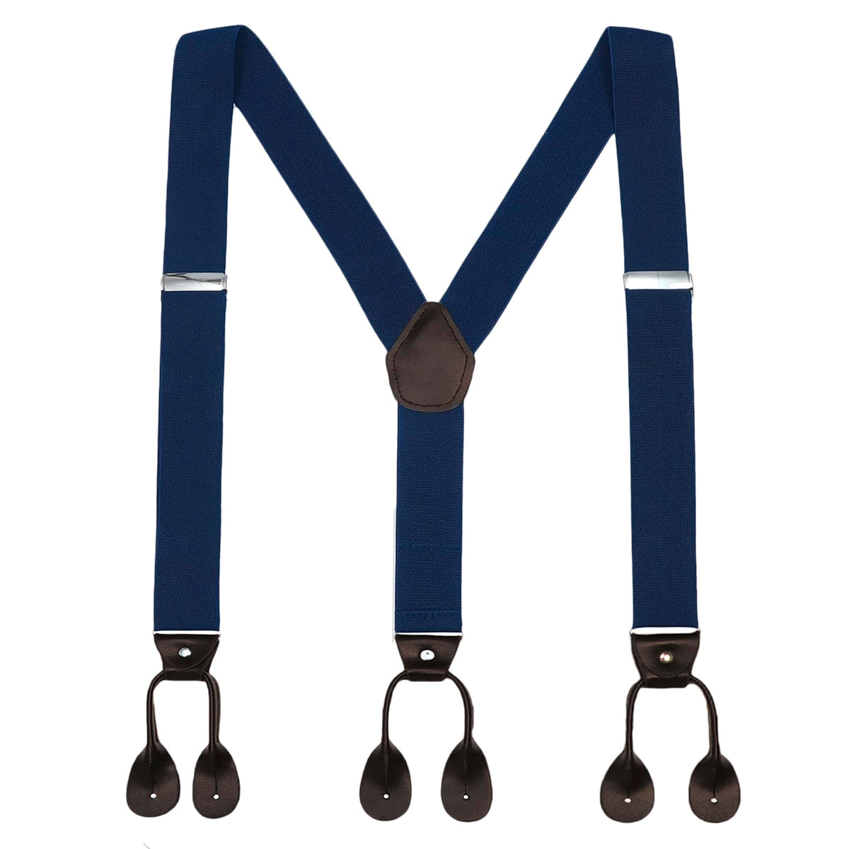 AWAYTR Mens Brown Button End Suspenders - Adjustable Elastic Y Shape Tuxedo Suspender (Navy blue)