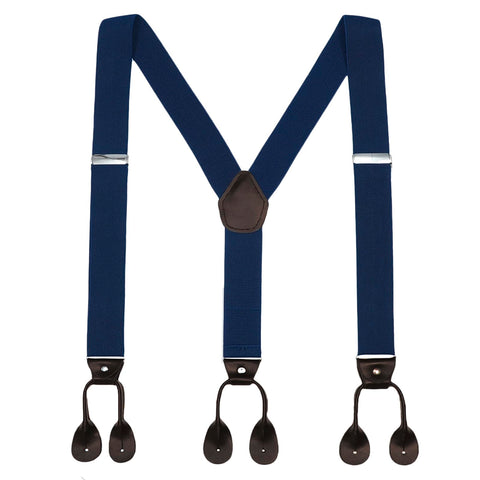 AWAYTR Mens Brown Button End Suspenders - Adjustable Elastic Y Shape Tuxedo Suspender (Navy blue)