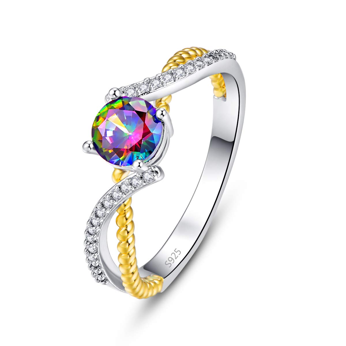 Empsoul 925 Sterling Silver Created Round Filled Rainbow Topaz Cubic Zirconia Yellow Weave Style Pave Diamond Unique Wedding Ring for Women Size 6