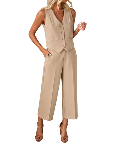 luvamia Capri Sets Women 2 Piece Outfits Two Piece Sets for Women Dressy Pants Suits for Women Dressy 2 Piece Casual Summer Set Spring Outfits for Women 2024 Beige Large Fits Size 12 / Size 14