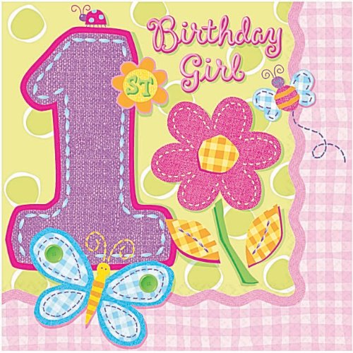 Party America Hugs and Stitches Girl's 1st Birthday Beverage Napkins 16ct