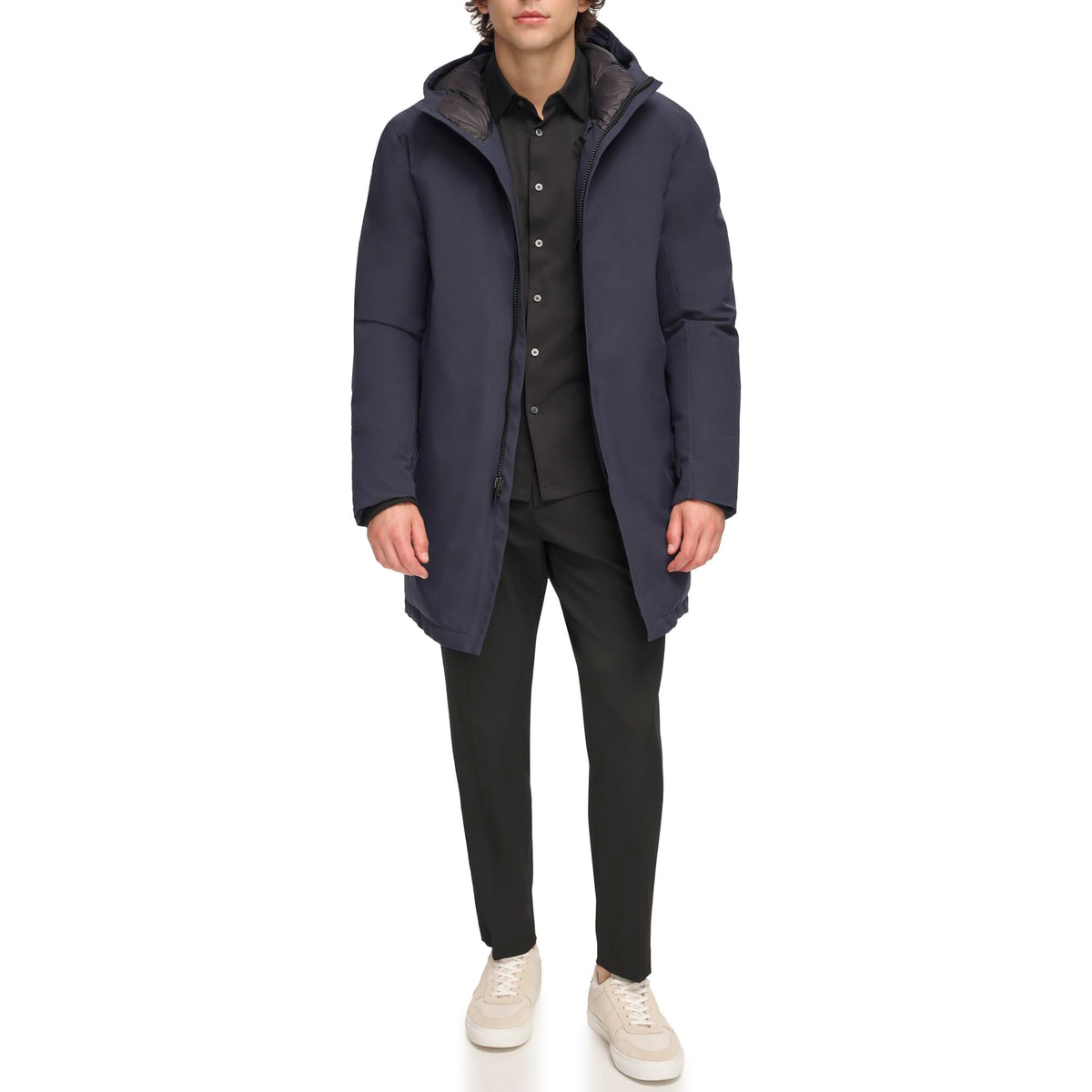 DKNY Men's Water Resistant Hooded Logo Parka Jacket, Navy Stretch