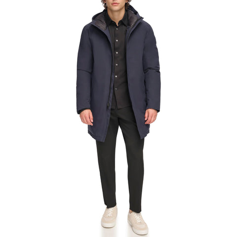 DKNY Men's Water Resistant Hooded Logo Parka Jacket, Navy Stretch