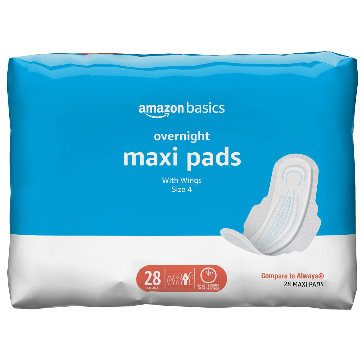 Amazon Basics Thick Maxi Pads with Flexi-Wings for Periods, Overnight Absorbency, Unscented, Size 4, 28 Count, 1 Pack (Previously Solimo)