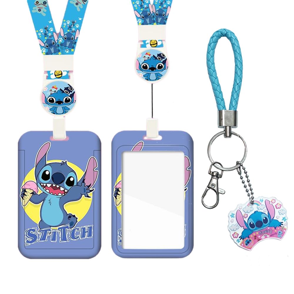 ZOSTLAND Cute Blue ET Monster Baby ID Badge Holder with Retractable Lanyard and Short Leather Rope Cartoon Keychain for Teacher Students Nurse Teens Office Worker (Alien Ice Cream)