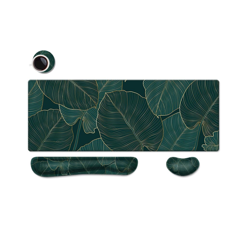 Keyboard Mouse Pad Set,Desk Pad + Keyboard Wrist Rest Support+Wrist Rest, Easy Typing Pain Relief,4Pcs (31.5×11.8 in) Ergonomic XXL Ultra Thick Mousepad Desk Mat Green Leaves