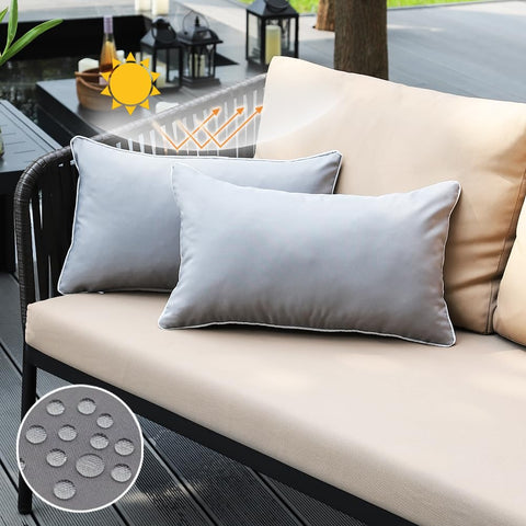 JOJOGOGO Grey Outdoor Waterproof Sun Fade Resistant Lumbar Pillow Covers 12x20 Set of 2, Light Gray Outdoor Decorative Pillows Cushion Covers 12 x 20 for Garden Patio Furniture (with White Piping)
