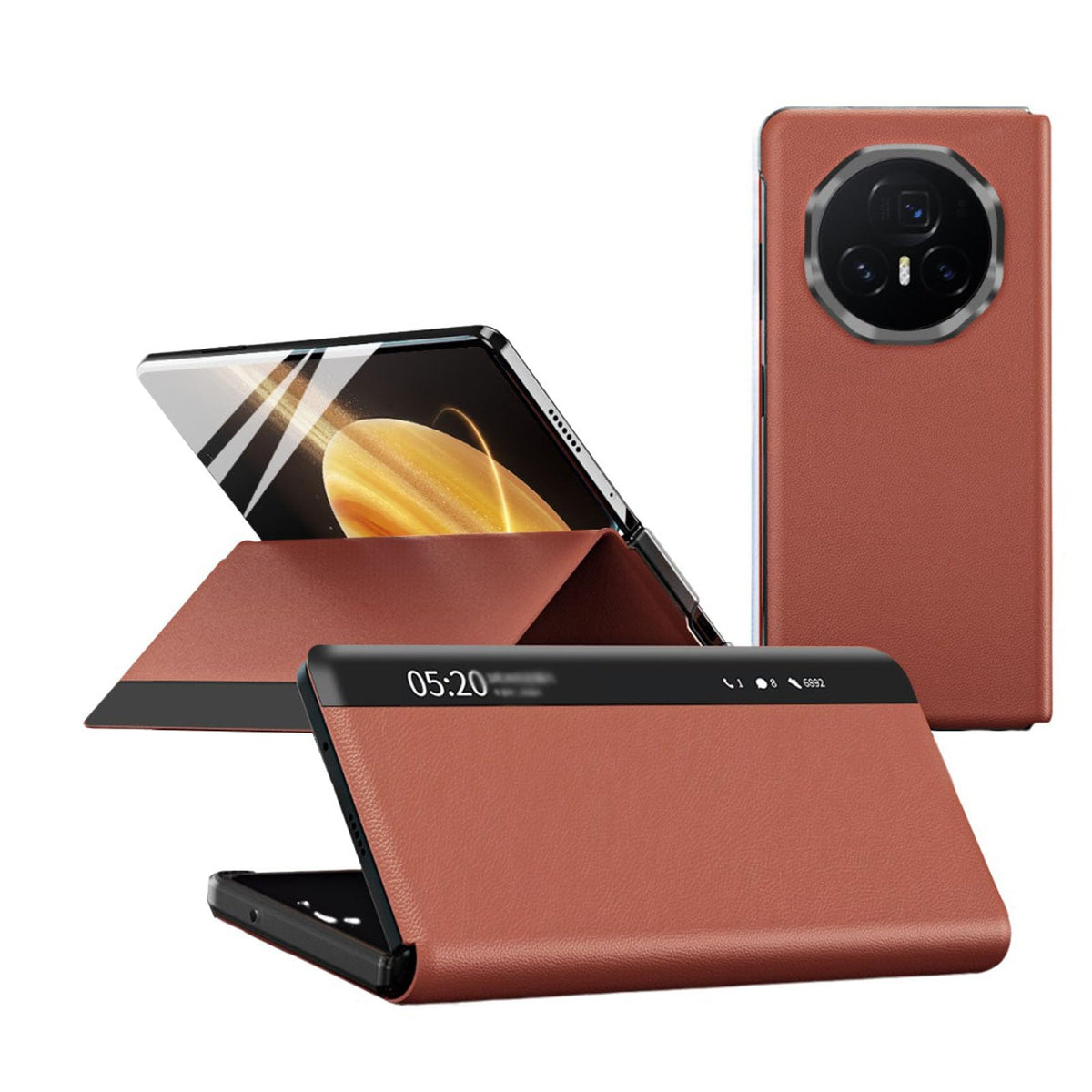 Business Case for Honor Magic V3, Smart Sleep/Wake Up Function Clear View Window PU Leather Stand Feature Magnetic Closure Flip Shockproof Business Case for Honor Magic V3,Brown