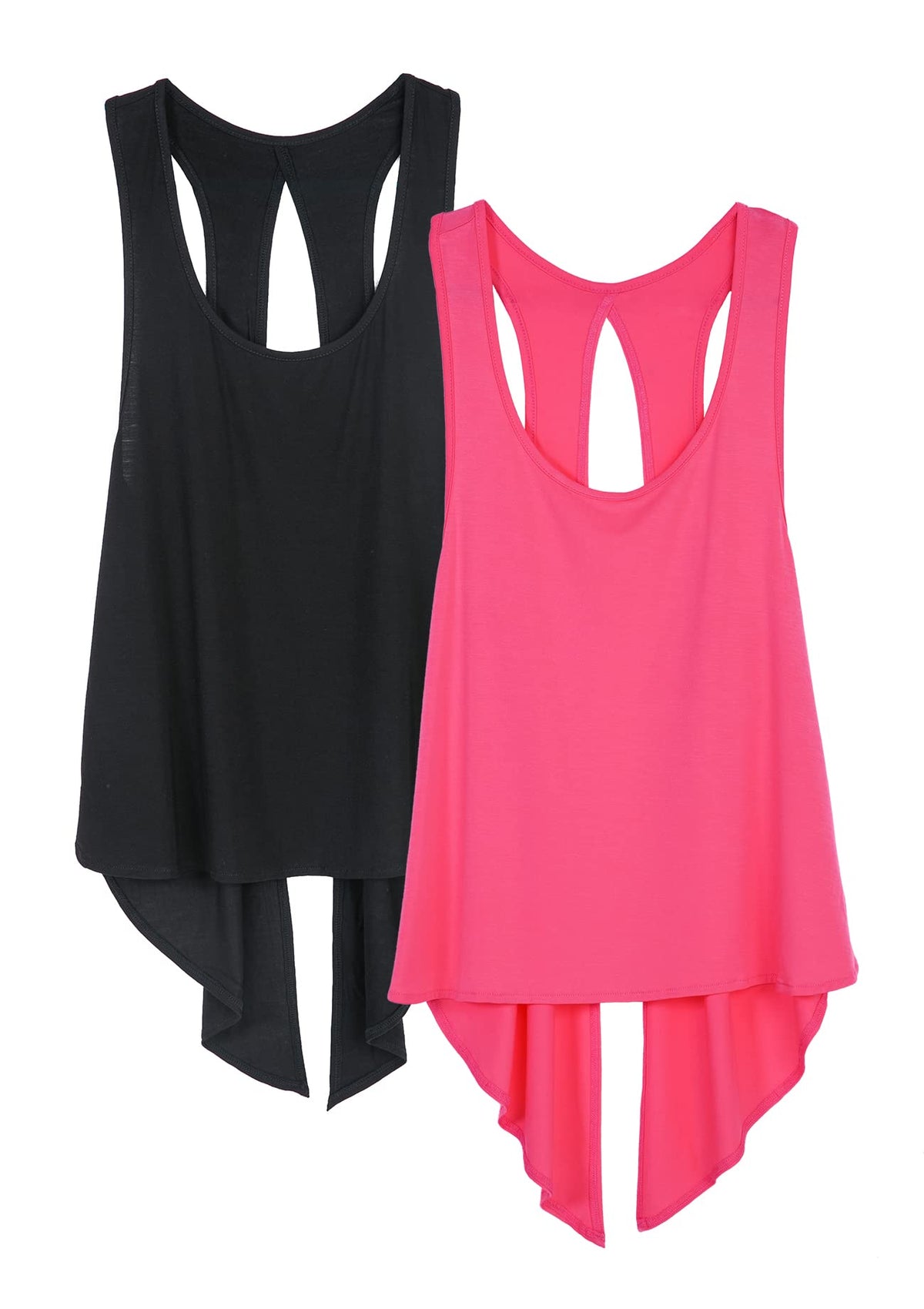 icyzone Women's Open Back Workout Tops - Running Gym Shirts Tie Back Sport Yoga Tank Top, 2-Pack (S, Black/Pink Lychee)