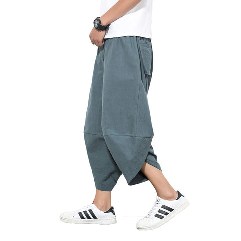 PRIJOUHE Men's Harem Capri Pants, Wide Leg Mens Capris, Summer Linen Pants Gray