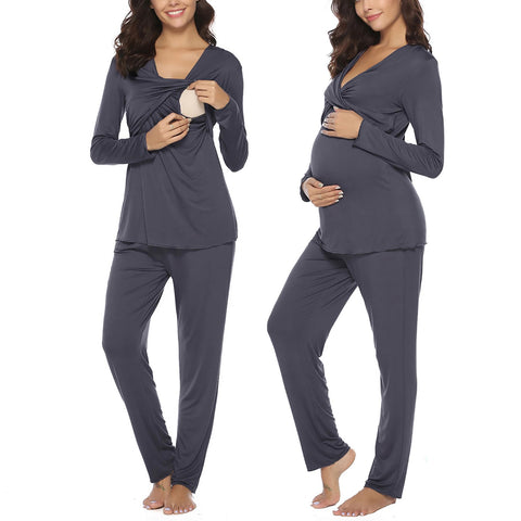 Irdcomps Womens Maternity Pyjamas Set Breastfeeding Nursing Nightwear PJ Set Long Sleeve Sleepwear Pregnancy for Hospital Home Dark grey L