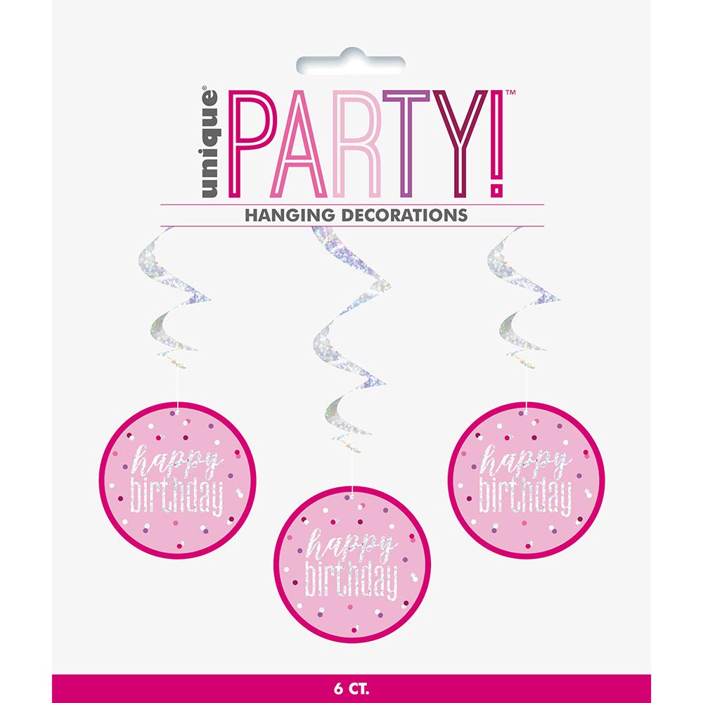 Unique 83806" Happy Birthday Pink Hanging Swirl Decorations-32 Silver | 6 Pcs
