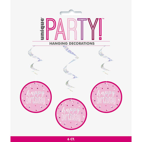 Unique 83806" Happy Birthday Pink Hanging Swirl Decorations-32 Silver | 6 Pcs