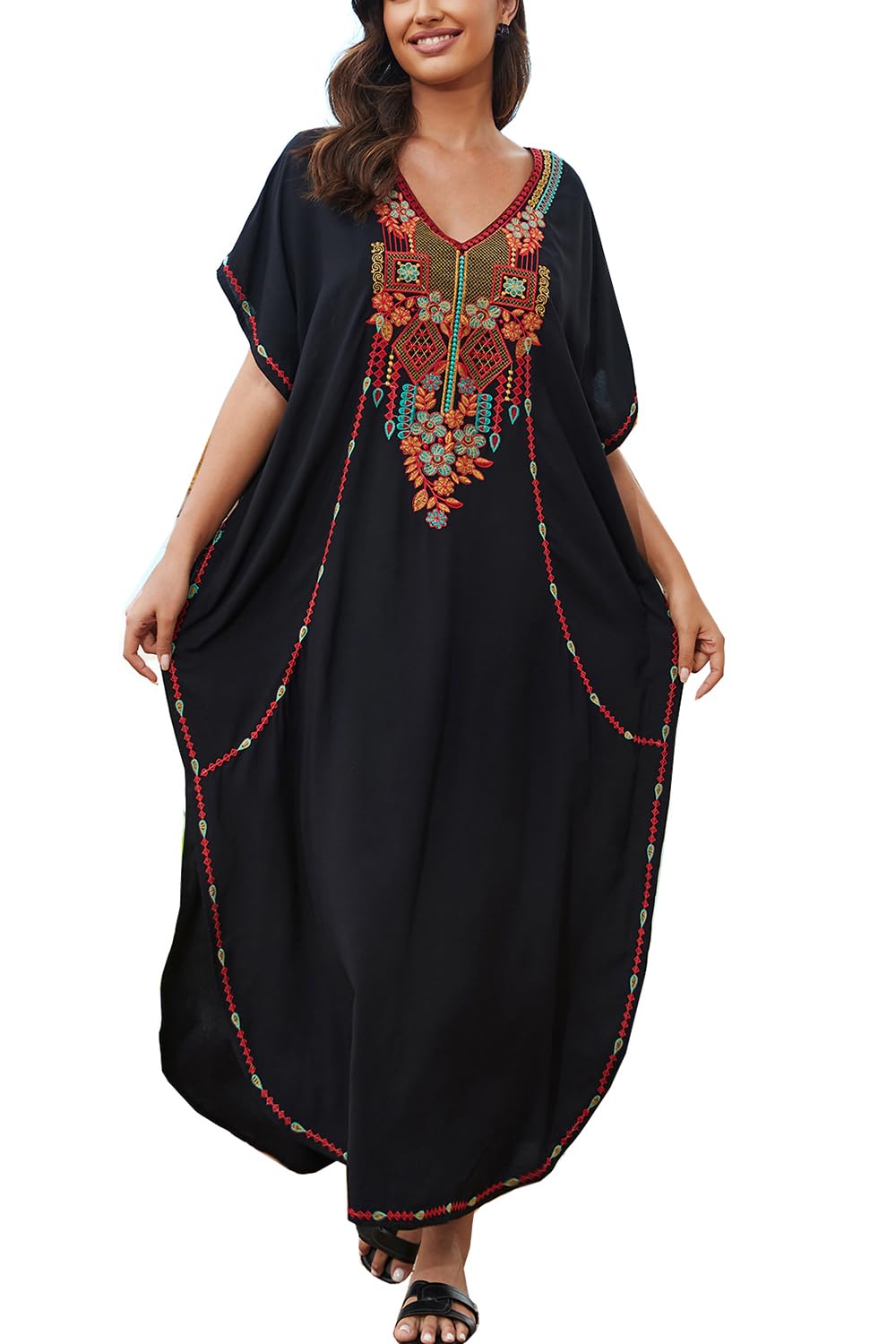 YouKD Embroidered Floral Loose Caftan Boho Beach Bikini Cover Up Dress Plus Size Robe for Women Q Black