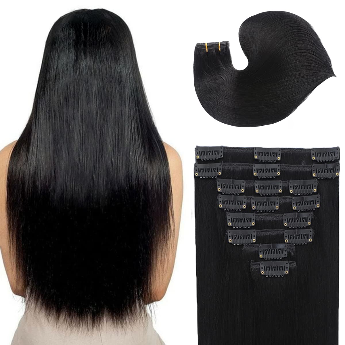 Clip in Hair Extensions Real Human Hair 100% Brazilian Virgin Human Hair 8pcs Per Set with 18Clips Double Weft Clip in Human Hair Extensions (14 Inch, #1 Jet Black Hair Extensions)