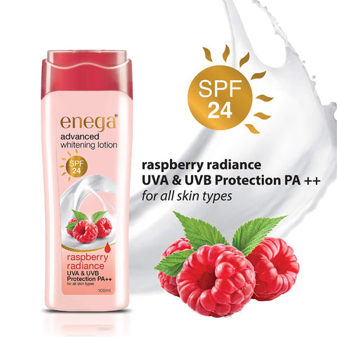 Enega Advance Whitening Sun Defense SPF 24 PA++ Lotion With Raspberry Radiance | UVA & UVB Protection | 40ML Each - 640ML (Pack of 16)