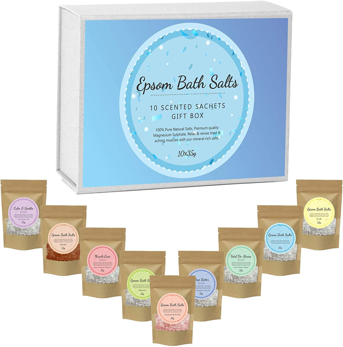 1ne Fitness Scented Pure Epsom Salts | Magnesium Sulphate Bath Spa Salt Variety Gift Hamper Box Pack by PSN Ideal for Relieving Sore Muscles Reduces Inflammation Salt, 35 g (Pack of 10)