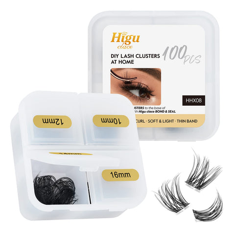 HG Lash Extensions, 100pcs Cluster Eyelash Extensions, D Curl, mix 10-16mm, Thin Stem Lash Clusters, Soft and light Lashes, Reusable Makeup for Self-application, DIY at home (HHX08 Mix10-16mm)