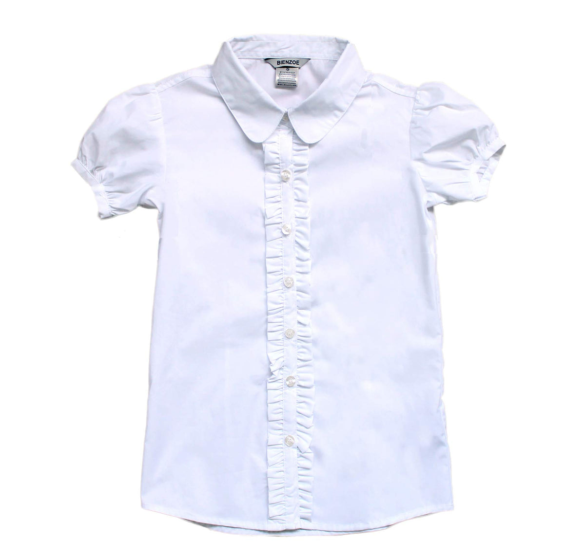 Bienzoe Girls School Uniform Shirt: Kids Summer Ruffle Button Down Short Sleeve Cotton Oxford White XL