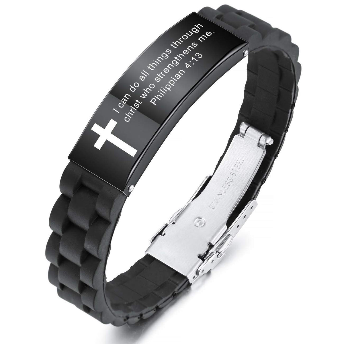 MeMeDIY Inspirational Quote Cross Bracelets Faith Christian Bible Accessories Verse Silicone ID Wristband Religious Gifts for Men Women Stainless Steel Rubber Adjustable (Black Color)