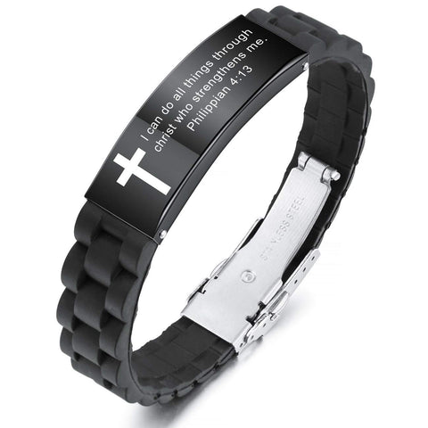 MeMeDIY Inspirational Quote Cross Bracelets Faith Christian Bible Accessories Verse Silicone ID Wristband Religious Gifts for Men Women Stainless Steel Rubber Adjustable (Black Color)