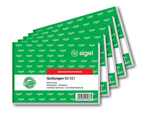 SIGEL SD021 A6 Landscape Receipt Pad, 5 Pieces, 2 x 40 Sheets, Self-Copying, Standard Receipt, with 1 Duplicate, Micro-Perforated, Made from Sustainable Paper